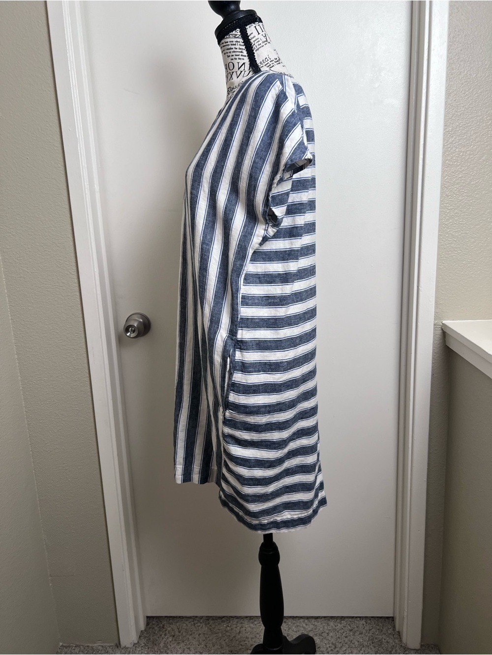 Madewell Linen Blend Striped Shift Dress Pockets Blue White Medium - Picture 6 of 8